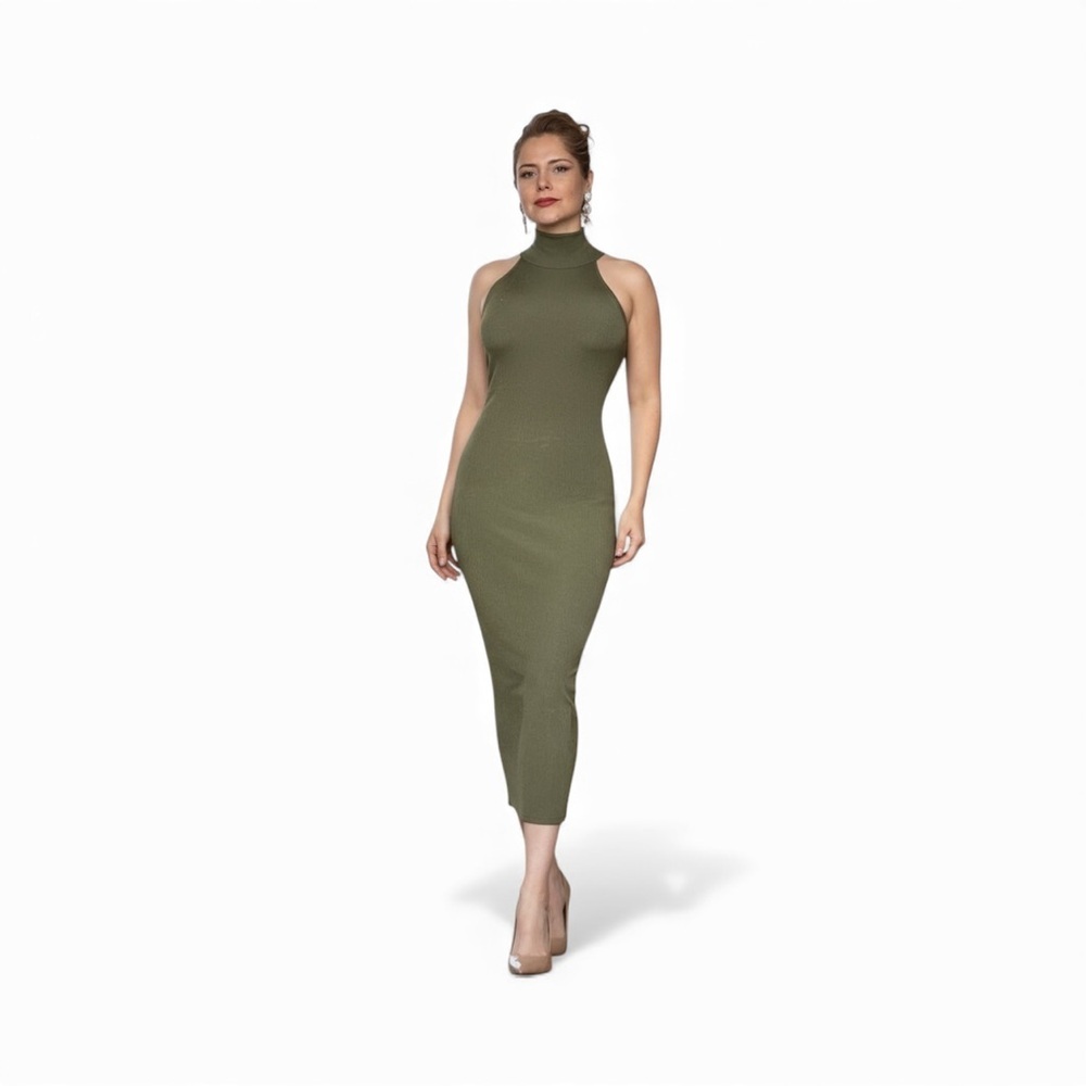 Room Service - Olive Halterneck  Midi Dress - Medium